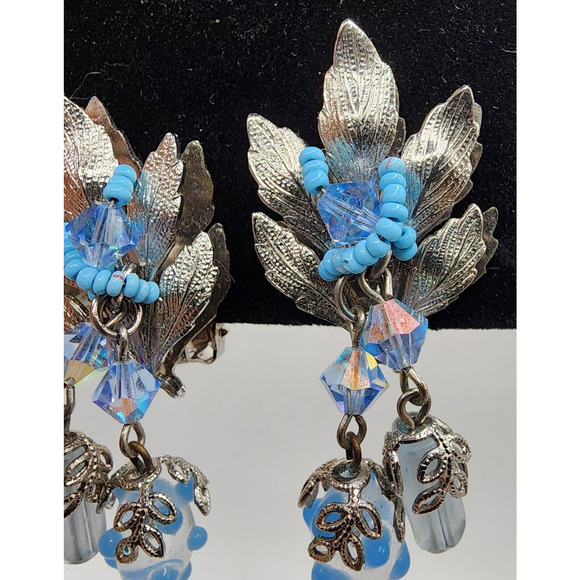 Hobe Silver Grape Leaf Glass Bead Crystal Earrings Dangle Vintage Signed Clip - Picture 5 of 16